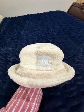 Celine Cream Faux-Shearling Bucket Hat with White Logo